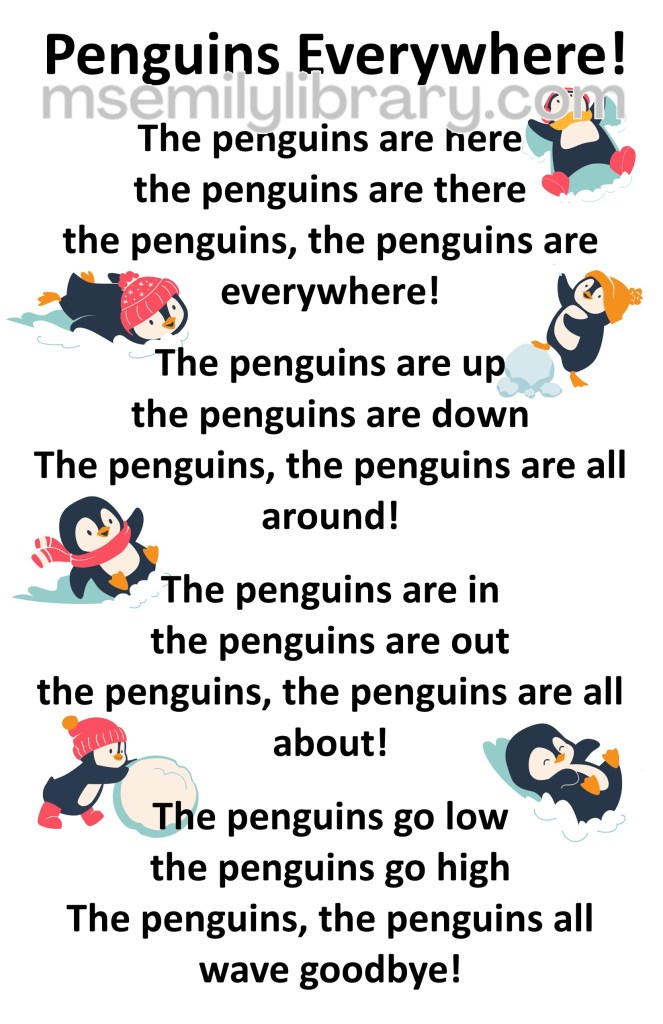 penguins everywhere thumbnail, with a graphic of six small penguins, each dressed in winter accessories (hats/scarves) and doing winter play such as sledding, making snow angels, etc. click the image to download a non-branded PDF