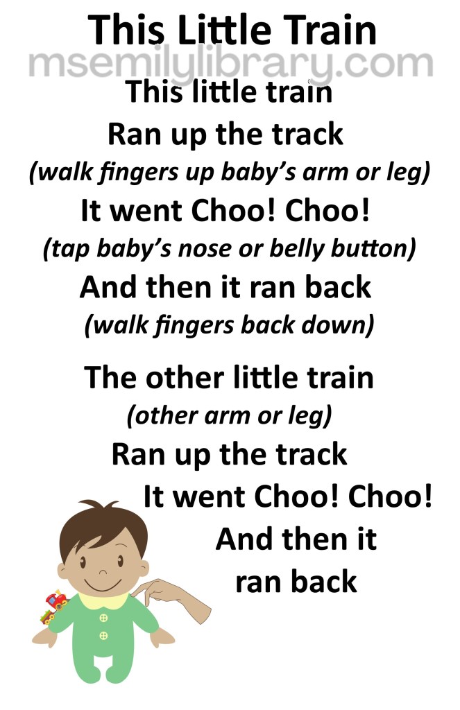 this little train thumbnail, with a graphic of a toddler with arms out - the left arm has an adult's fingers walking toward the shoulder, and the right arm has a tiny train engine and coal car heading toward the shoulder. click the image to download a non-branded PDF