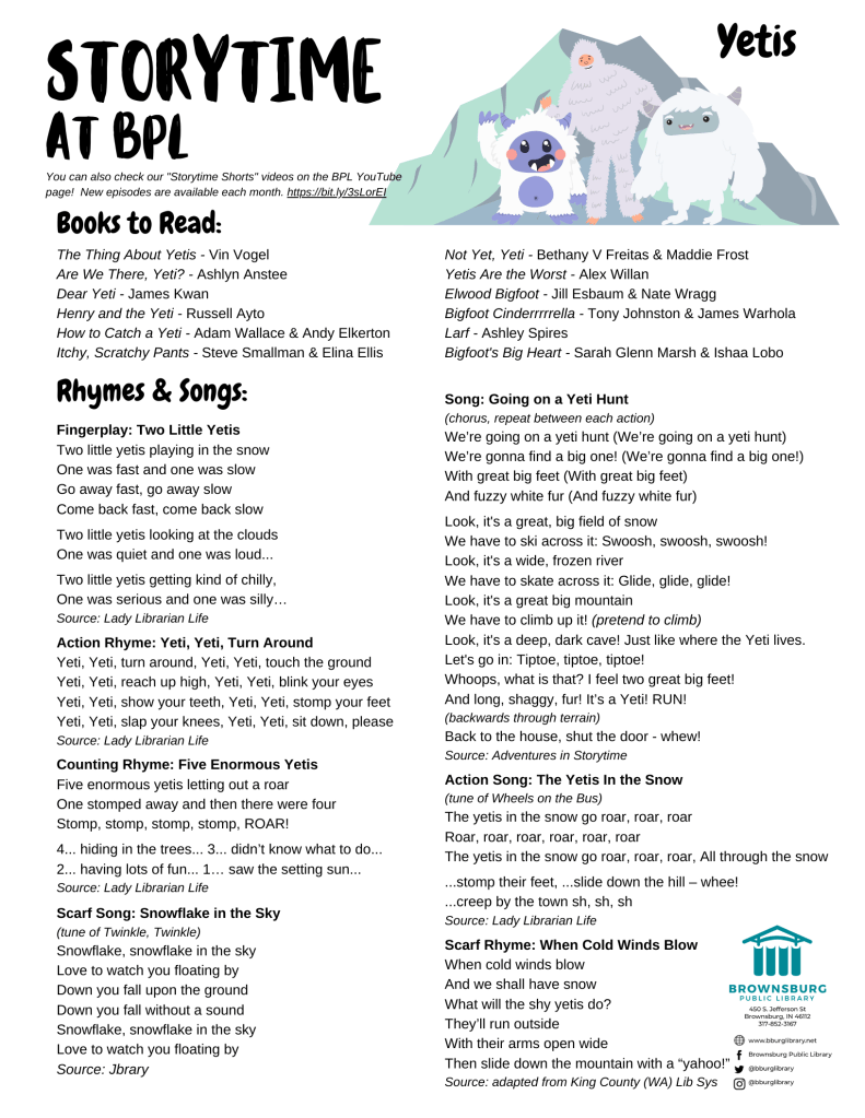 handout with suggested books, rhyme and song lyrics.