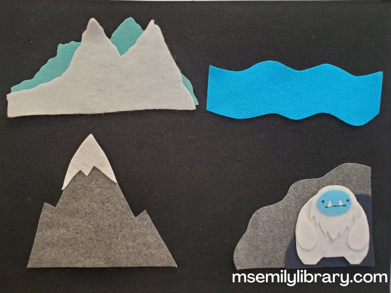 yeti hunt flannel, with a snow field, river, snow capped mountain, and cave. A yet figure is show at the cave mouth.