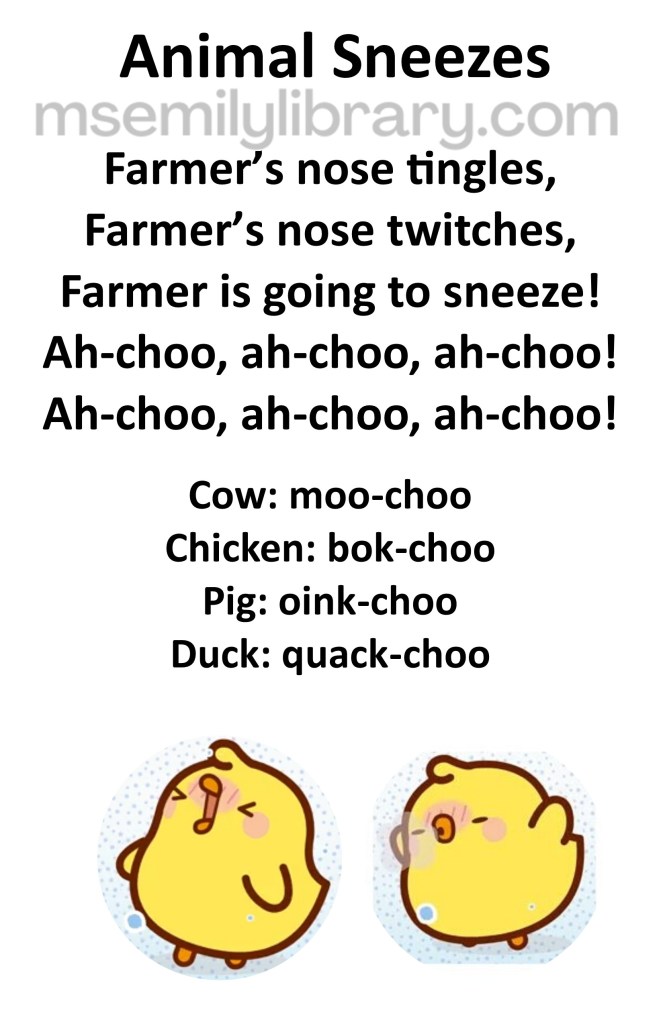 animal sneezes thumbnail, with a graphic of a yellow chick pictured twice, once at the inhale of a sneeze ("ah"), and once at the exhale ("choo"). click the image to download a non-branded PDF