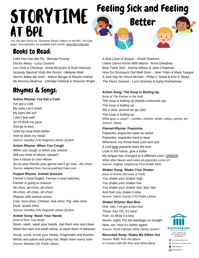 handout with book suggestions, rhyme and song lyrics.