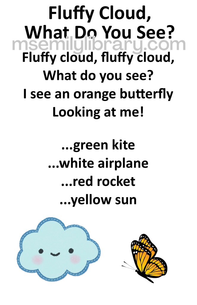 Fluffy cloud what do you see thumbnail, with a graphic of a light blue cloud with a smiling face next to a monarch orange butterfly. click the image to download a non-branded PDF
