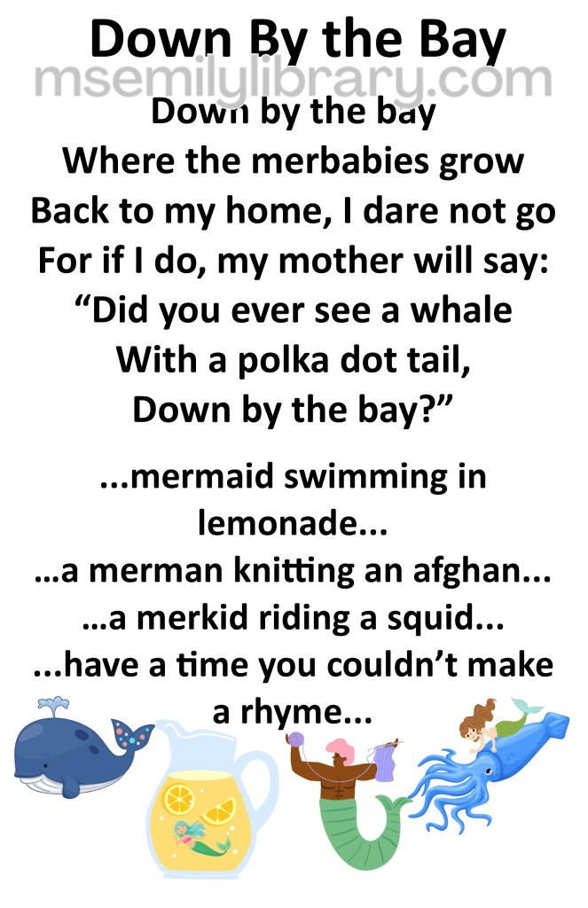 down by the bay merfolk edition thumbnail, with a graphic illustrating each verse. click the image to download a non-branded PDF