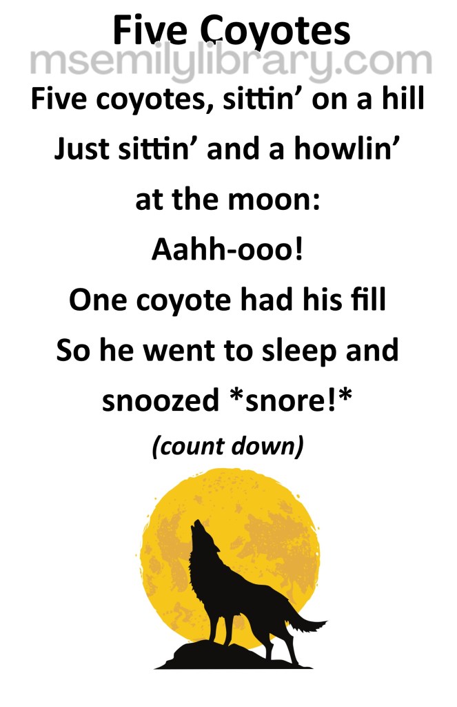 five coyotes thumbnail, with a graphic of a coyote silhouette howling in front of a yellow moon. click the image to download a non-branded PDF