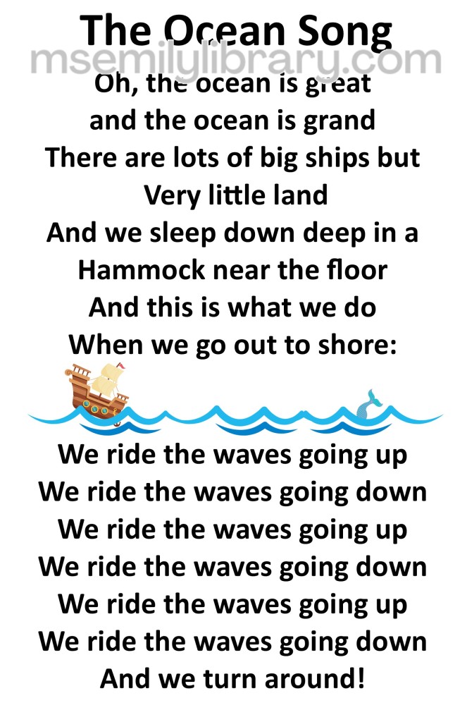 the ocean song thumbnail, with a graphic of a clipper ship sailing on waves, with a merfolk's tail visible. click the image to download a non-branded PDF