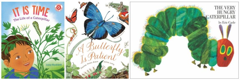 It is time, a butterfly is patient, and the very hungry caterpillar book covers