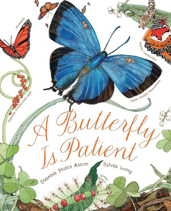 a butterfly is patient book cover featuring a big blue butterfly as well as several other smaller ones and caterpillars