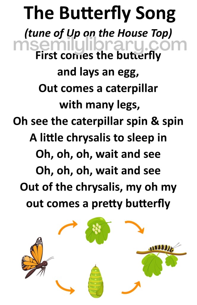 butterfly song thumbnail, with a graphic of the four butterfly life stages - egg, caterpillar, pupa, and butterfly. click the image to download a non-branded PDF