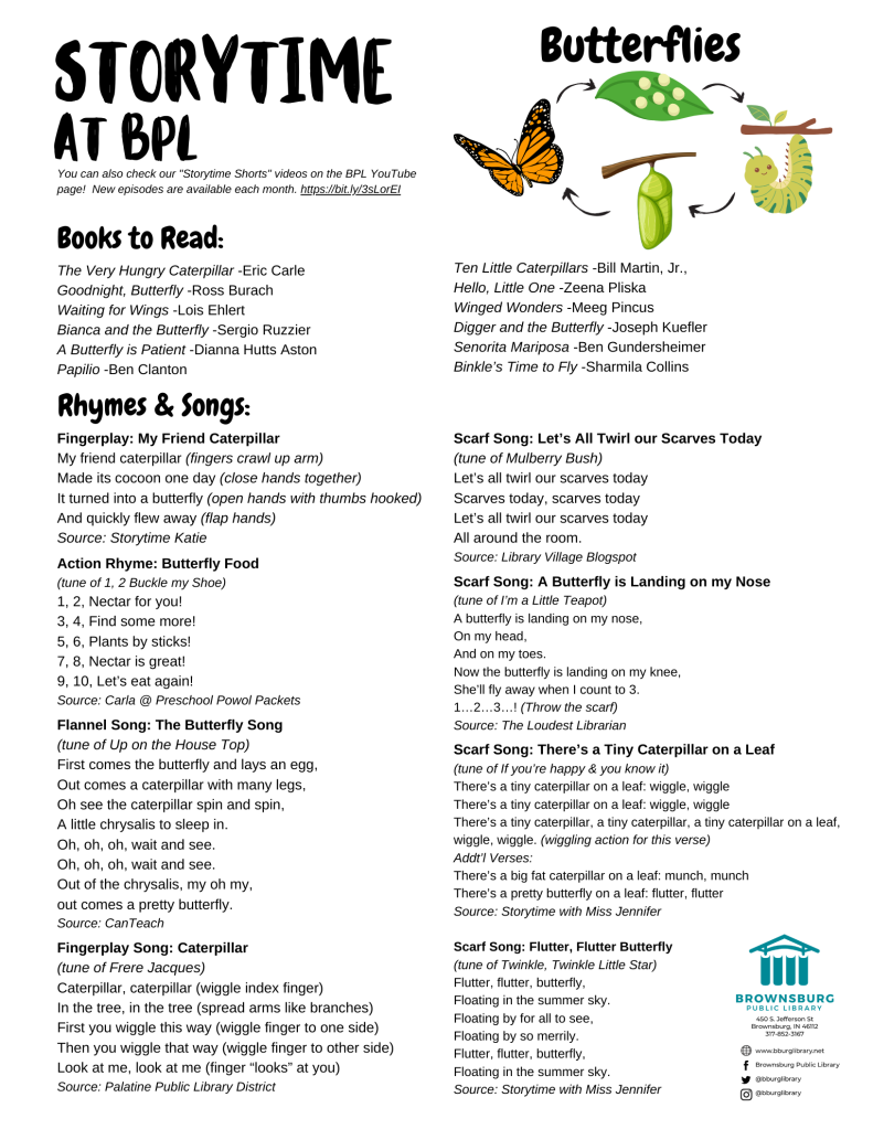handout with book suggestions, rhyme and song lyrics.