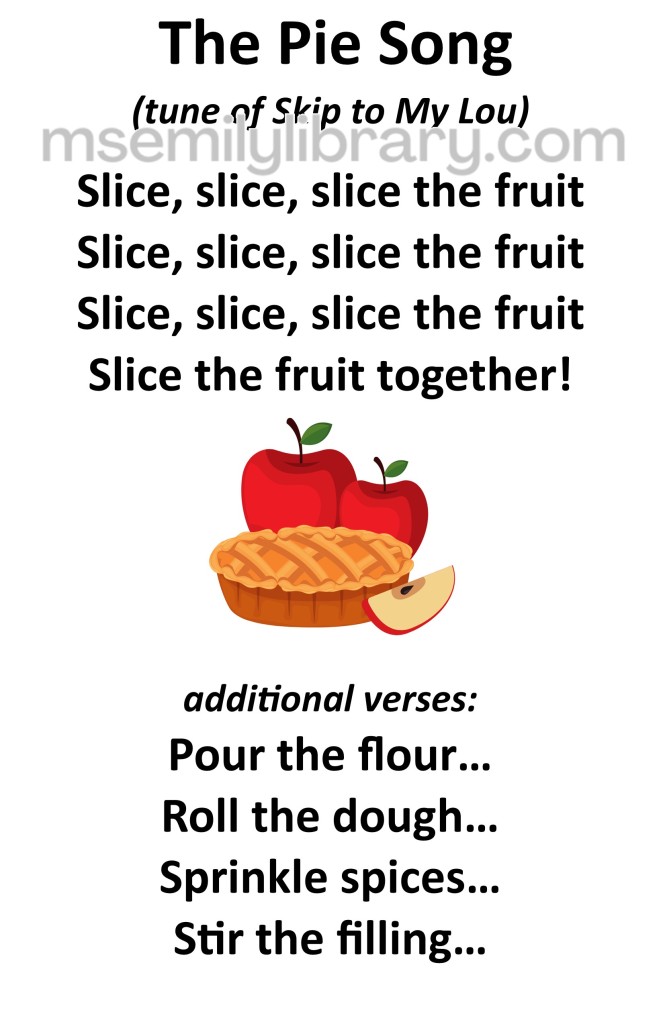 pie song thumbnail, with a graphic of an apple pie with two whole apples behind and an apple slice in front. click the image to download a non-branded PDF