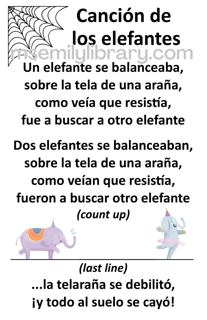 Canción de los elefantes thumbnail, with a graphic of a spiderweb in the corner and below two elephants walking tight-rope style on a line. click the image to download a non-branded PDF