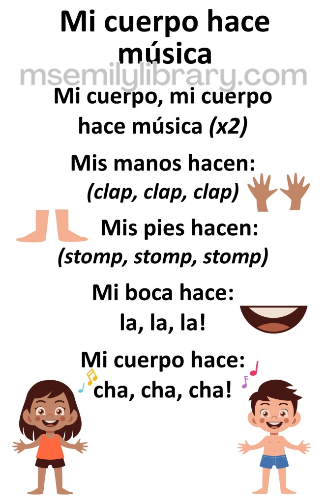 mi cuerpo hace musica thumbnail, with a graphic of two kids, a brown skinned girl and a lighter skinned boy. Next to the words for the body parts are close ups of those parts from the kids - hands, feet, and mouth. click the image to download a non-branded PDF