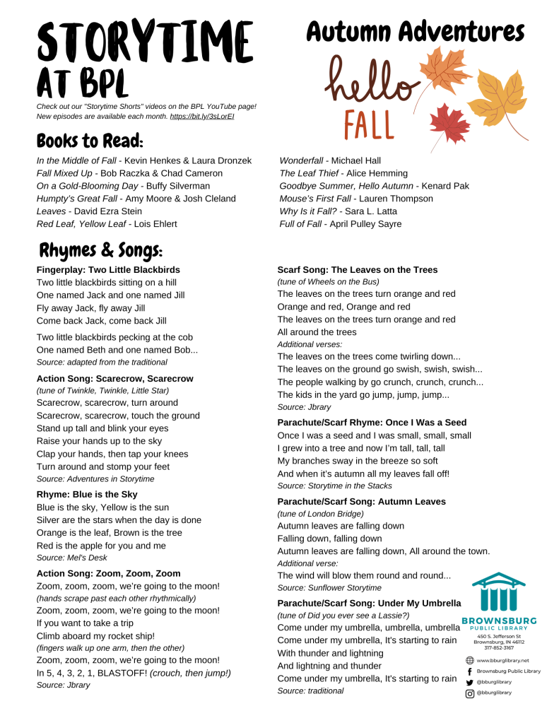 handout with book suggestions, rhyme and song lyrics.