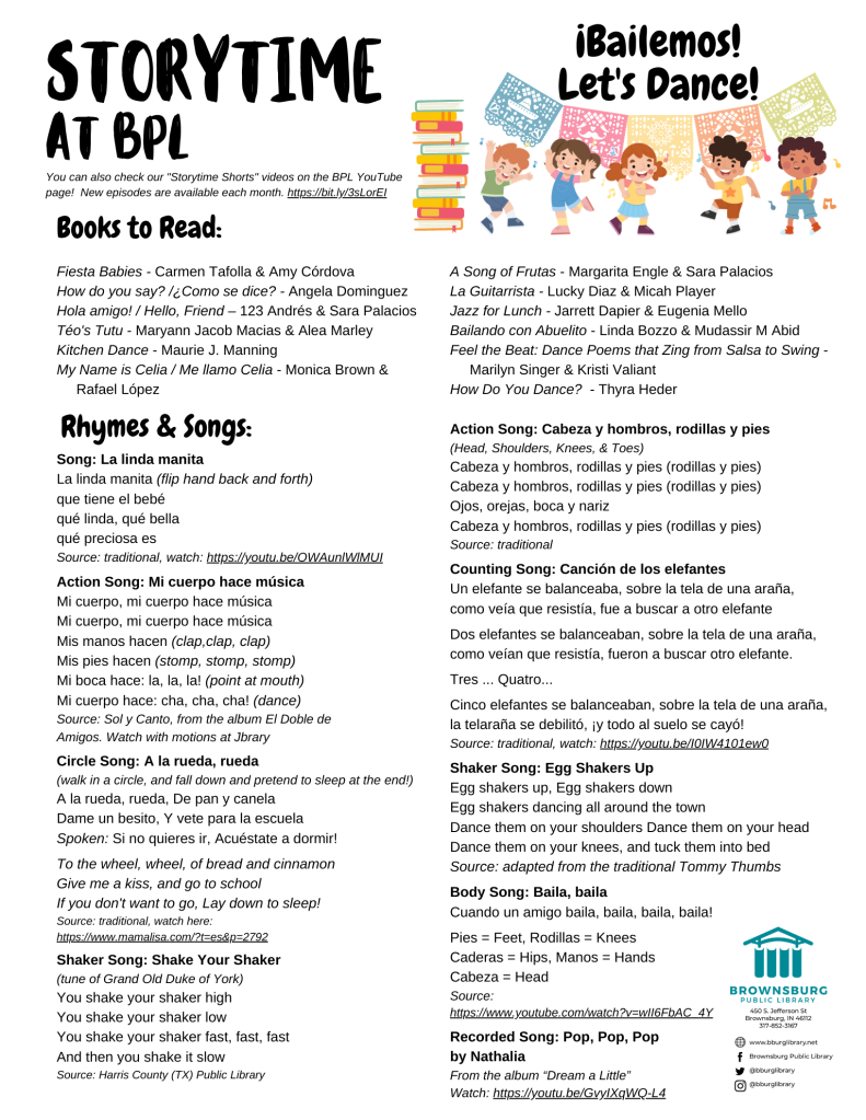 handout with book suggestions, rhyme and song lyrics.