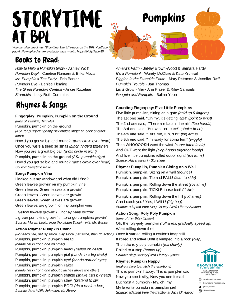 handout with book suggestions, rhyme and song lyrics.