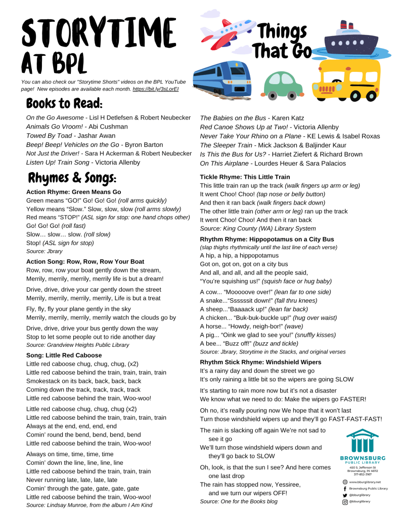 handout with book suggestions, rhyme and song lyrics.