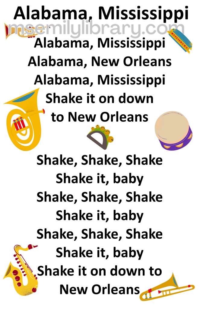 alabama mississippi thumbnail, with a graphic of jazz instruments: trumpet, tuba, sax, harmonica, drum, bells, and trombone. click the image to download a non-branded PDF