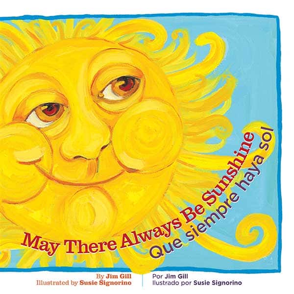 may there always be sunshine book cover, showing a stylized yellow sun with big cheeks and chin on a light blue background