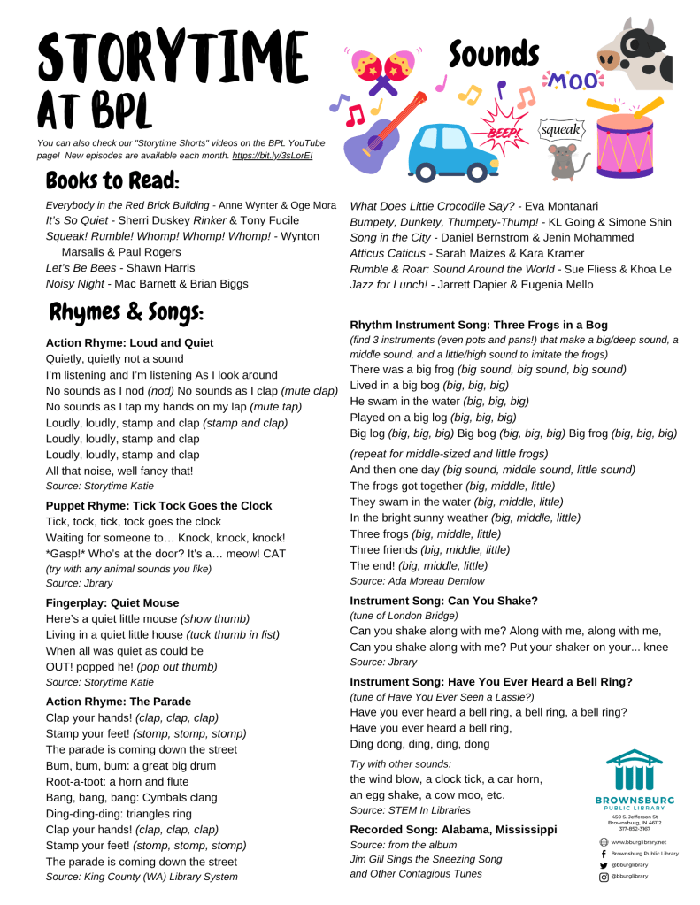 handout with book suggestions, rhyme and song lyrics.