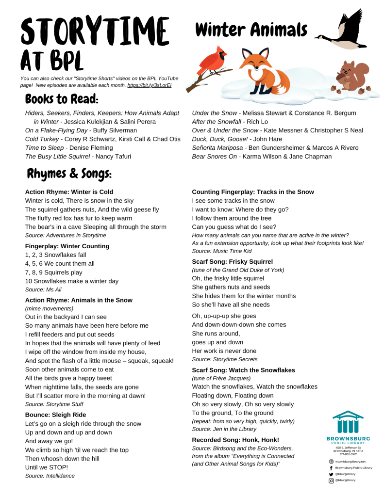 handout with book suggestions, rhyme and song lyrics.