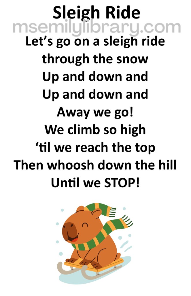 sleigh ride thumbnail, with a graphic of a capybara with a striped hat and scarf sledding. click the image to download a non-branded PDF