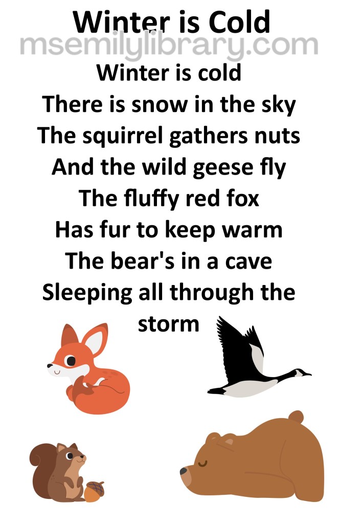 winter is cold thumbnail, with a graphic of a fox, a squirrel, a canadian goose, and a sleeping bear. click the image to download a non-branded PDF