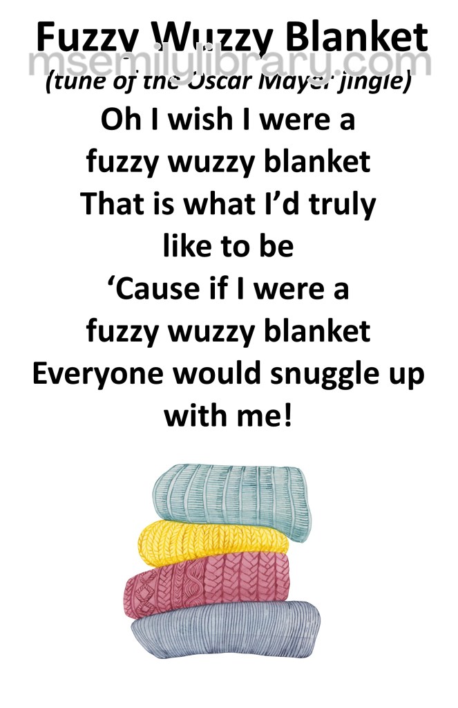 fuzzy wuzzy blanket thumbnail, with a graphic of four folded knitted blankets piled on each other: blue, red, yellow, and light green. click the image to download a non-branded PDF