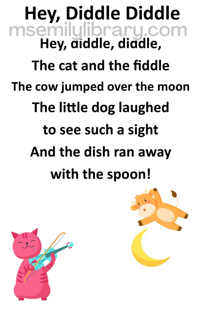 hey diddle diddle thumbnail, with a graphic of a pink cat playing the fiddle and a brown cow leaping over a crescent moon. click the image to download a non-branded PDF