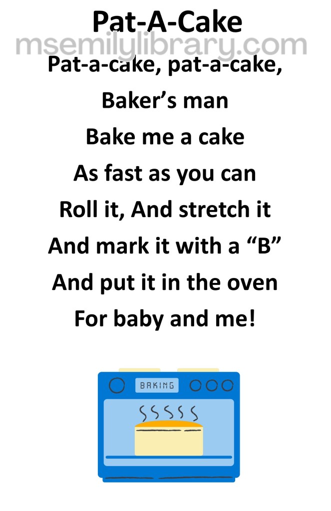 pat a cake thumbnail, with a graphic of a front of an oven with a cake showing through the oven door. click the image to download a non-branded PDF