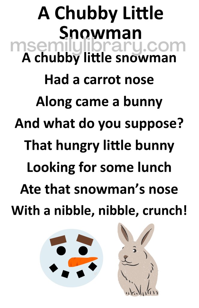 chubby little snowman thumbnail, with a graphic of a snowman's head with eyebrows and a carrot nose, with a pink rabbit looking at it. click the image to download a non-branded PDF