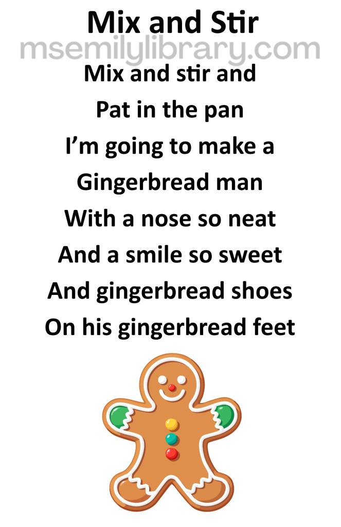 mix and stir thumbnail, with a graphic of a gingerbread man with candy nose and buttons and icing eyes, smile, shoes and mittens. click the image to download a non-branded PDF