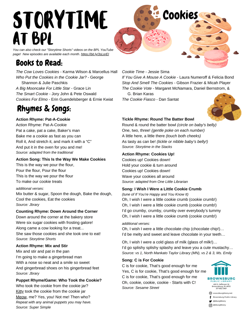 handout with book suggestions, rhyme and song lyrics.