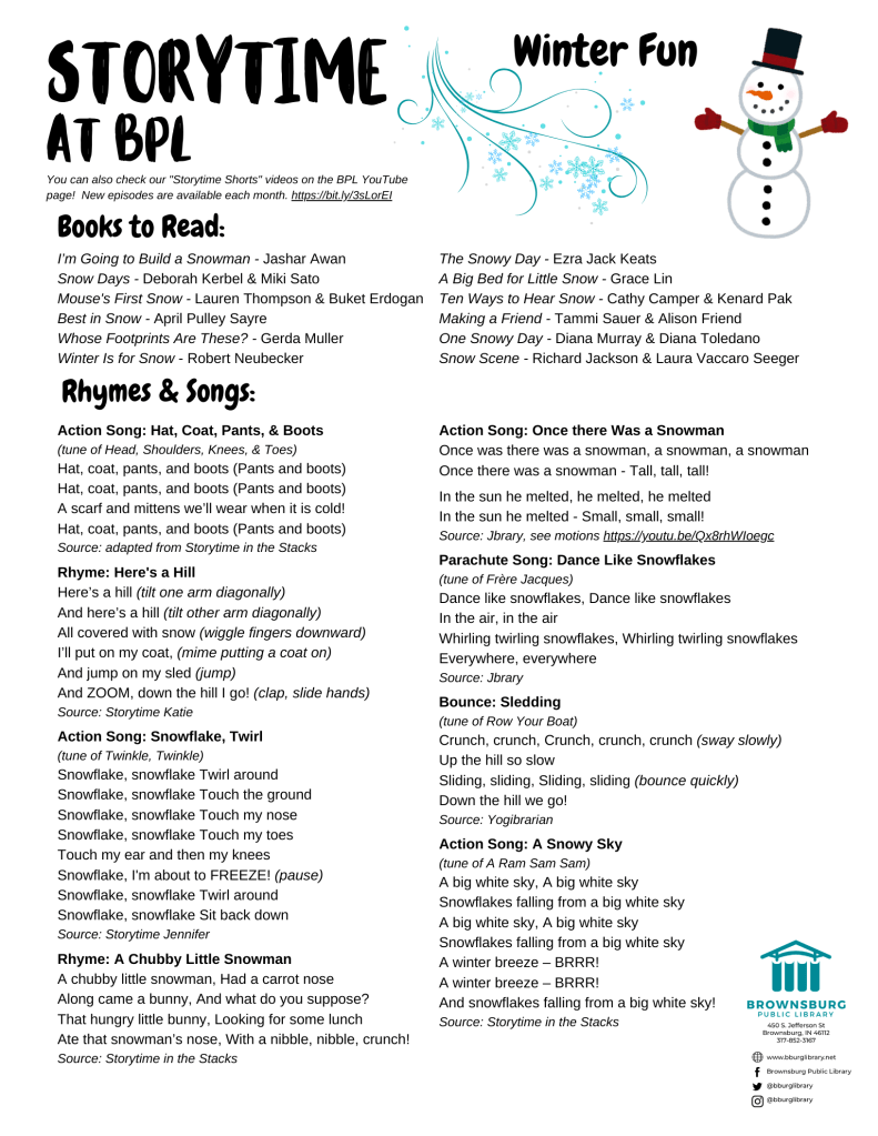 handout with book suggestions, rhyme and song lyrics.