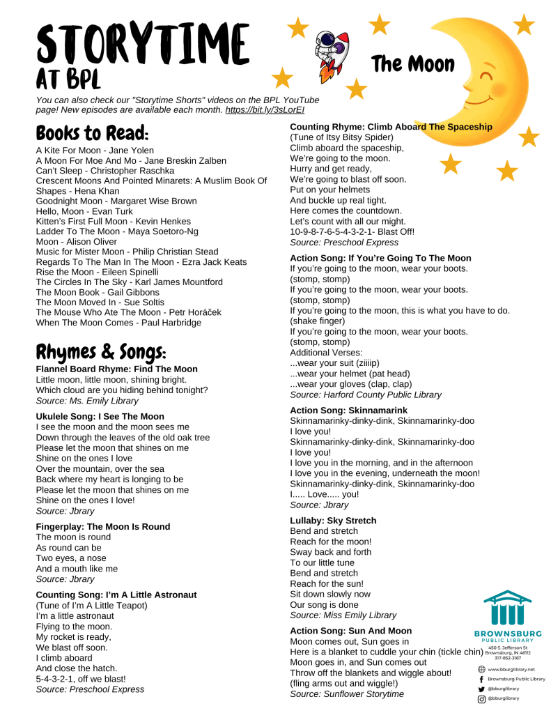 handout with book suggestions, rhyme and song lyrics.