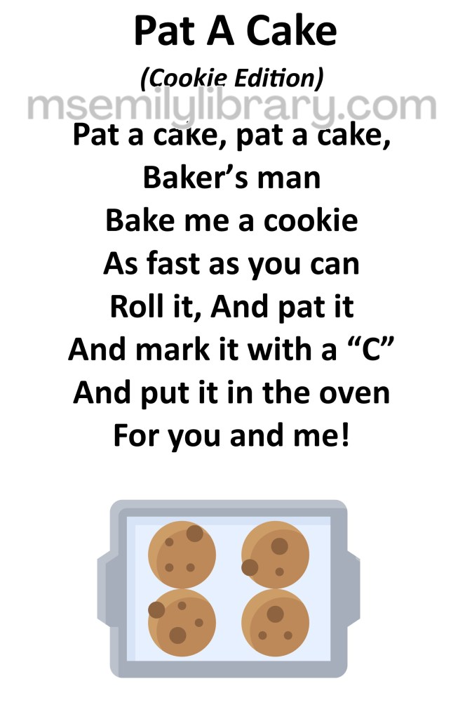 Pat a cake cookie edition thumbnail, with a graphic of chocolate chip cookies on a baking tray. click the image to download a non-branded PDF