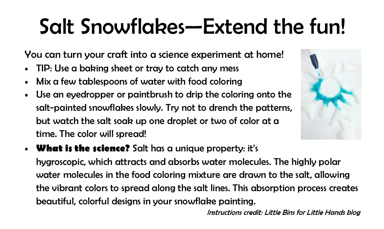Salt Snowflakes extension activity how-to sheet, with instructions on how to add color to snowflakes and the science behind it.