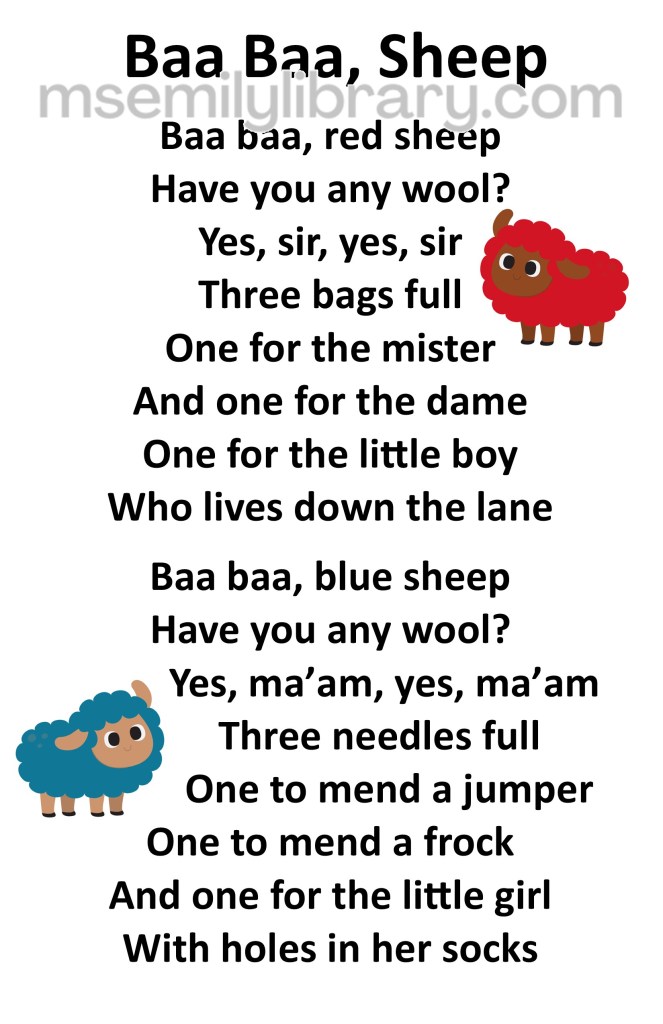 baa baa sheep page one of two, thumbnail, with a graphic of a dark faced sheep with red wool and a light faced sheep with blue wool. click the image to download a non-branded PDF
