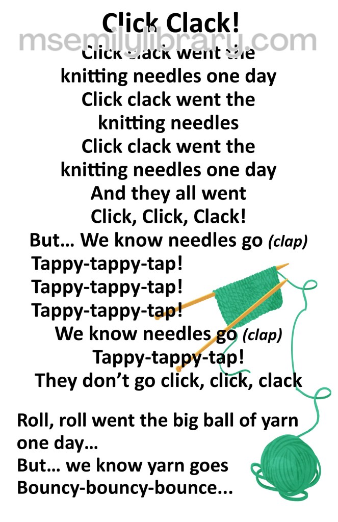 click clack thumbnail, with a graphic of some green yarn being knit into a smallswatch. click the image to download a non-branded PDF