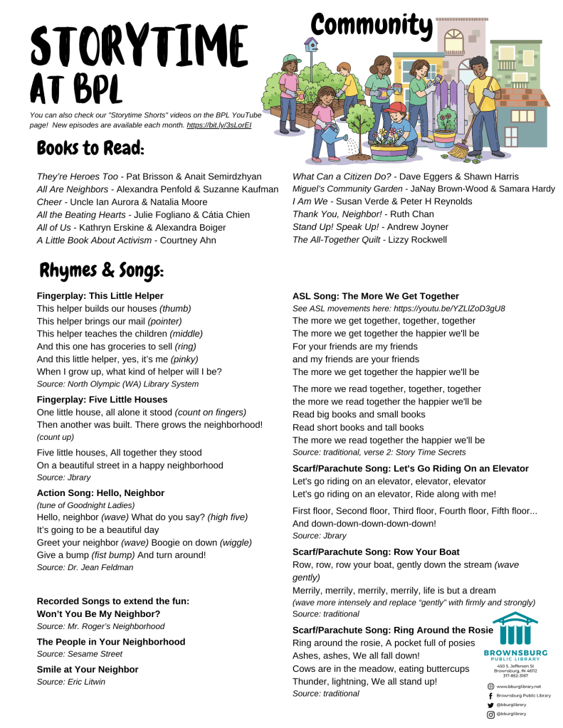 handout with book suggestions, rhyme and song lyrics.