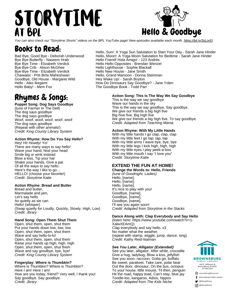 handout with book suggestions, rhyme and song lyrics.