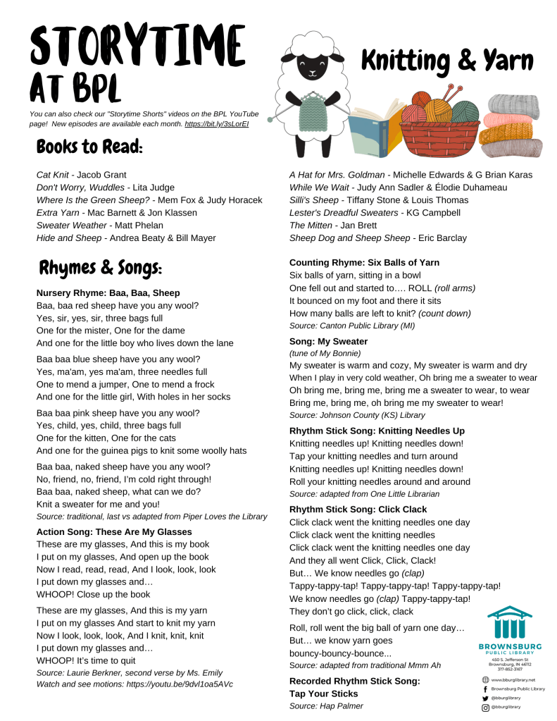 handout with book suggestions, rhyme and song lyrics.