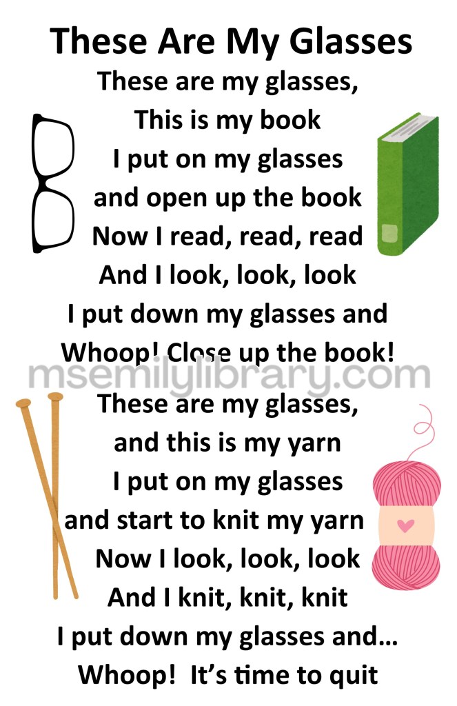 These are my glasses thumbnail, with a graphic of a pair of glasses, a green book, a pair of knitting needles, and a skein of pink yarn. click the image to download a non-branded PDF