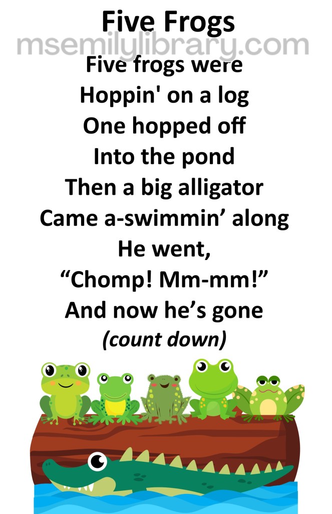 five frogs thumbnail, with a graphic of five frogs sitting on a log with an alligator swimming in the water underneath them. click the image to download a non-branded PDF