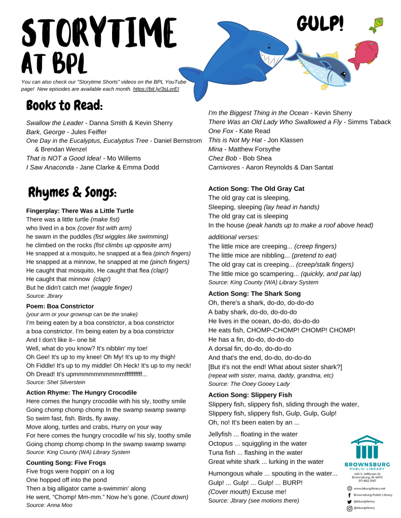 handout with book suggestions, rhyme and song lyrics.