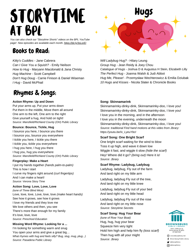 handout with book suggestions, rhyme and song lyrics.