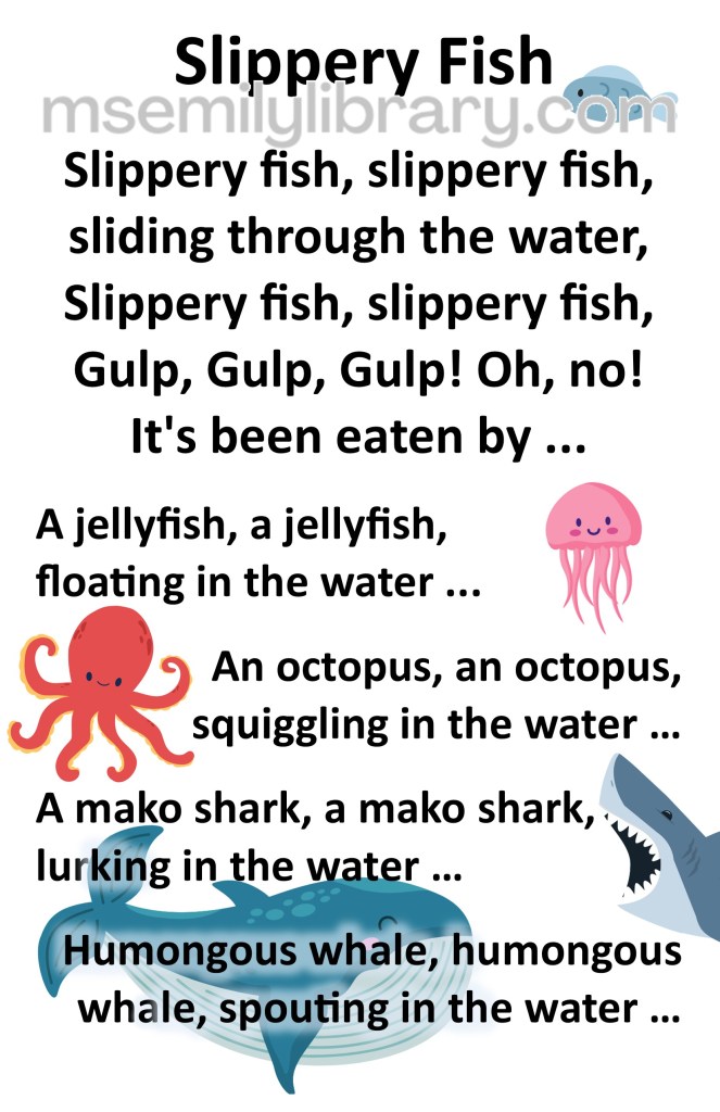 slippery fish thumbnail, with a graphic of a small blue fish, pink jellyfish, red octopus, shark with an open mouth, and big blue whale. The whale is behind the text. click the image to download a non-branded PDF