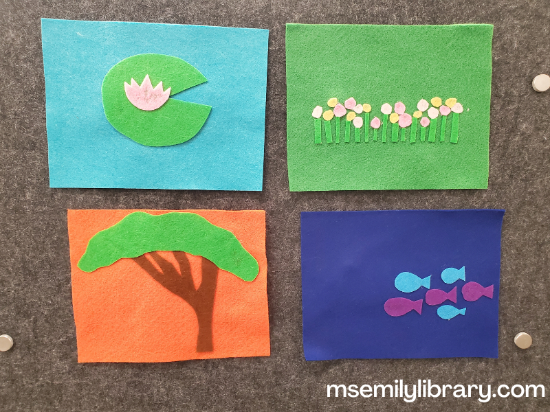animal habitat flannel showing a pond with lily pad, a meadow with flowers, a savannah with acacia tree, and ocean with small school of fish