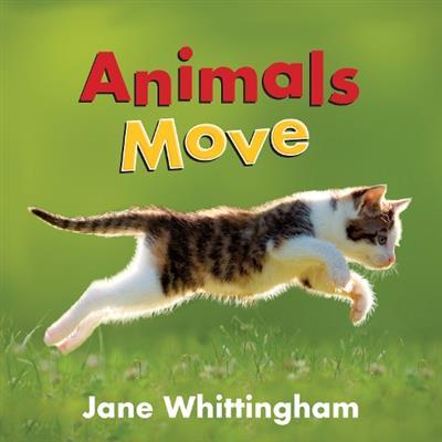 animals move book cover, showing a photograph of a kitten pouncing in a meadow