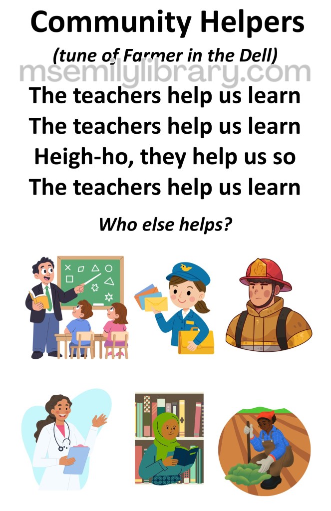 community helpers song thumbnail, with a graphic of six helpers: a teacher, a mail carrier, firefighter, doctor, librarian, and farmer. click the image to download a non-branded PDF